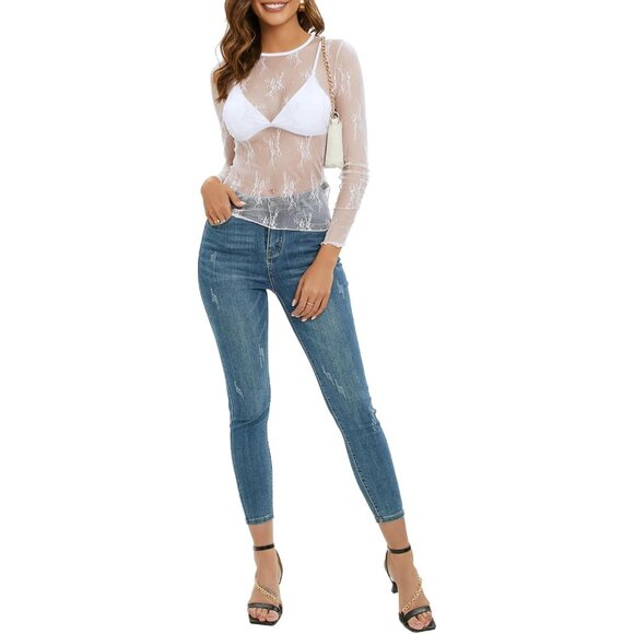 Women's Sheer Lace Mesh Top Small See Through Long Sleeve Casual Blouse - Picture 7 of 7